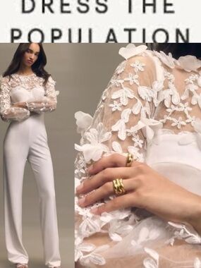 Dress the Population Mila Long-Sleeve Wide-Leg 3d flowers Jumpsuit sz xsmall